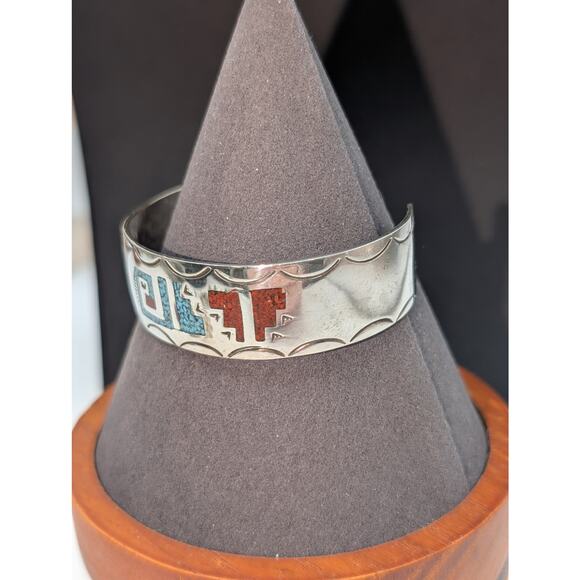 Vtg Navajo Sterling Silver Turquoise & Coral Chip Inlay Bracelet - Signed Ray B - Picture 7 of 8